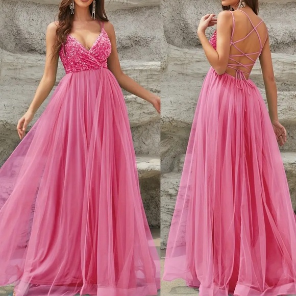 Luxe lace up back mesh sequins bodice party formal prom wedding gown dress - Picture 13 of 16